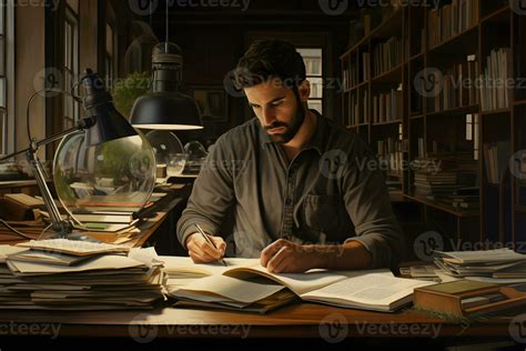 Handsome man, an author writing on a book at library. 29823685 Stock Photo at Vecteezy