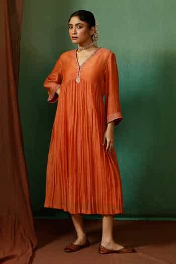Buy Orange Cotton Sequins, Zari, Beads Ratnhaar Embroidered Yoke ...