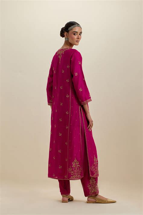 Dark fuchsia silk chanderi kalidar straight kurta set, highlighted wit ...