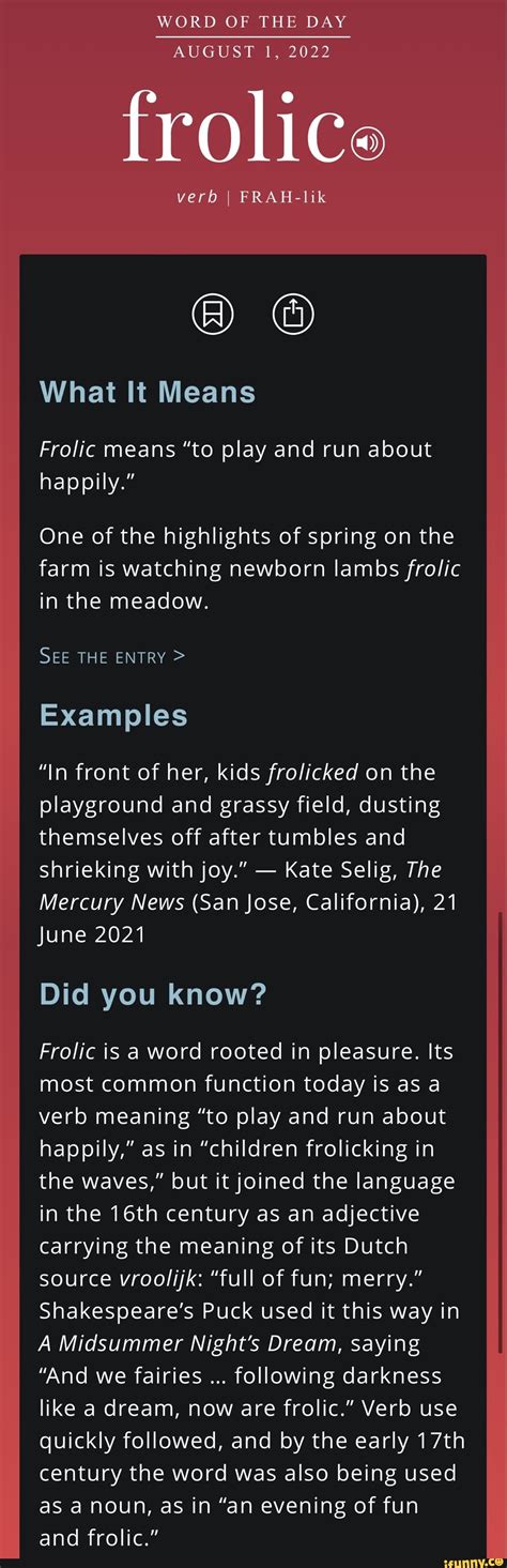 WORD OF THE DAY AUGUST 1, 2022 frolice verb I FRAH-lik What It Means ...