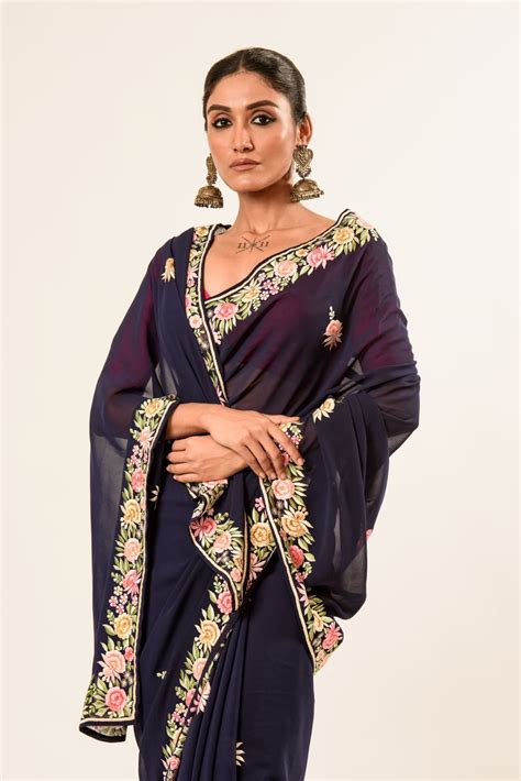 Buy Navy Blue Parsi Gara Saree with Hand Embroidery – Elegant Look ...