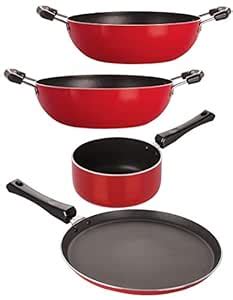 Buy Nirlon Non-Stick Aluminum Cookware Set, 4-Piece, Red and Black (2 ...