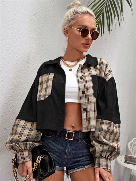 SHEIN EZwear Tartan Panel Corduroy Crop Shacket | SHEIN USA