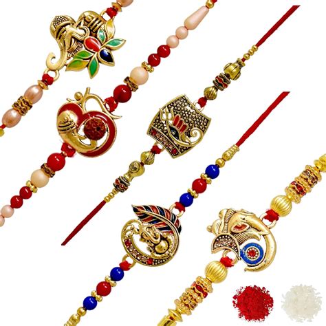 Buy Meira Jewellery Brass Ganesha Bracelet Combo Set of 5 Rakhi with ...