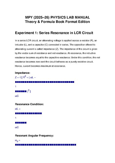 MPY 2025-26 Physics Lab Manual: Series Resonance Experiment - Studocu