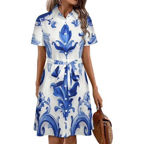 Blue Baroque Floral White Womens Shirt Dresses Women'S Short Sleeve ...