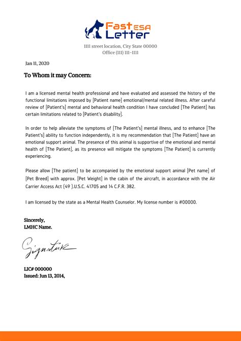 Emotional Support Animal Template Letter