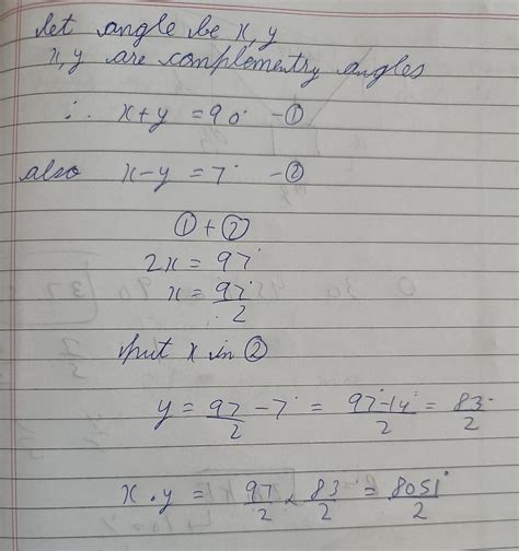 if the difference of two complementary angles x and y degree is 7 ...