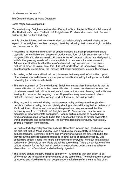 Culture as Mass Deception - Horkheimer and Adorno 5 The Culture ...