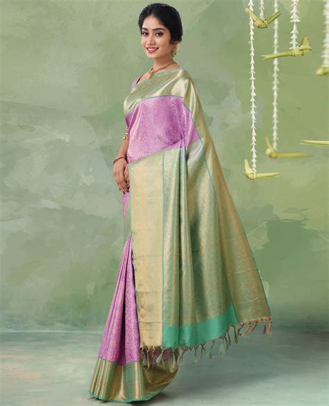 Violet kanchipuram silk saree, contrast intricate jaal design & tradit