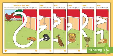 The Little Red Hen Pencil Control Path Worksheets - Twinkl