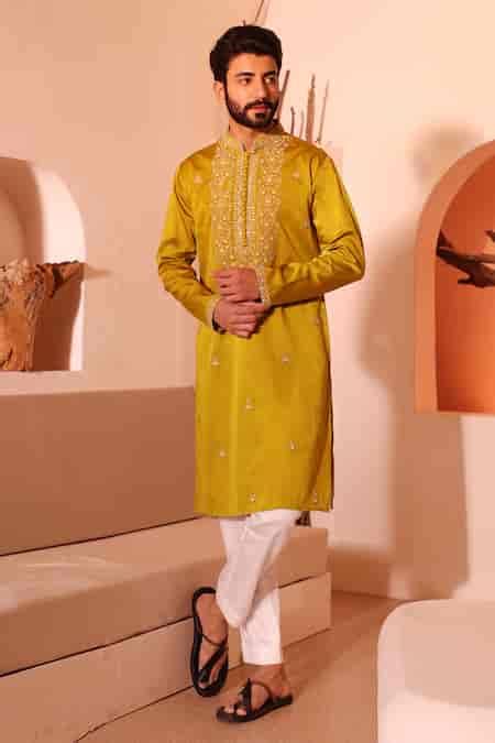 Buy Yellow Silk, Cotton Sequins, Faqat Floral Bloom Embroidered Kurta ...