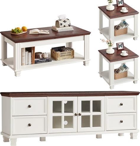 Amazon.com: SAVOR LIFE Farmhouse TV Stand and Coffee Table Set 4 ...