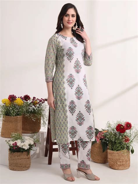 Green And White Hand Embroidery Cotton Kurta Dupatta Set – Yufta Store