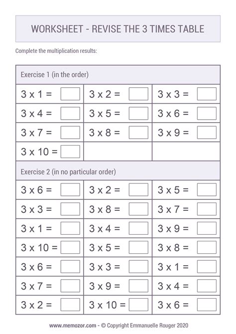 Printable Worksheet - Revise the 3 Times table | Memozor