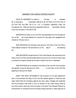 Fillable Online INDEMNITY FOR LOSS OF DEPOSIT RECEIPT Fax Email Print ...