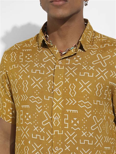 ₹799 | Campus Sutra Men's Mustard Yellow Minimal Aztec Shirt - Campussutra