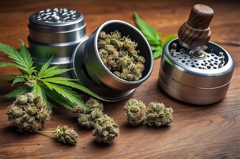 Cannabis buds and grinder on wooden surface | Premium AI-generated image