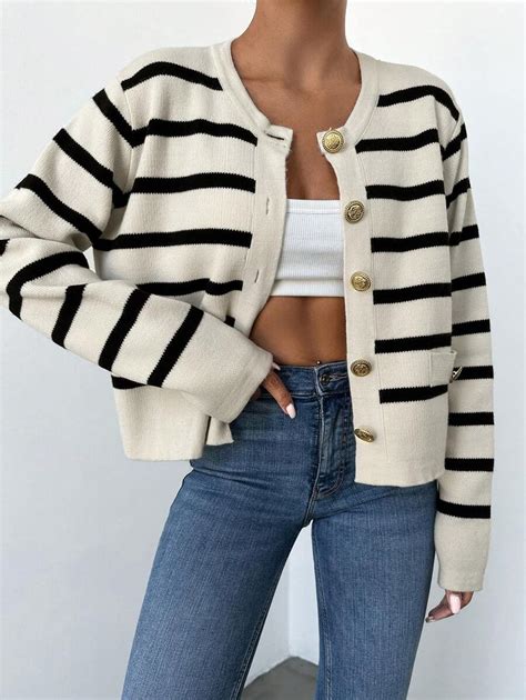 Padrão Listrado Botão Frontal Cardigans | SHEIN PT