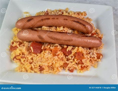 Rice with Diced Tomatoes with Hot Dogs Stock Photo - Image of weenie ...