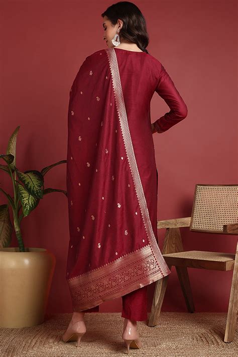 Maroon Silk Blend Ethnic Motifs Woven Design Straight Suit Set PKSKD24 ...