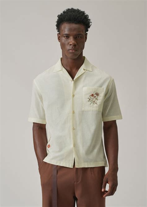 Cream Floral Embroidery Linen Shirt