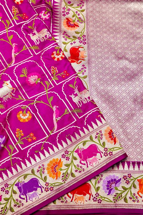 Handwoven Magenta Meenakari Banarasi Katan Silk Saree – Sumangal Banaras