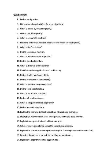 Question Bank DAA: Key Concepts in Algorithm Analysis and Design - Studocu