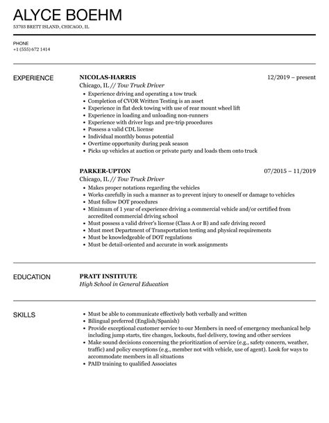 Tow Truck Driver Resume Samples | Velvet Jobs