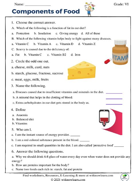 Image result for Components of Food Class 6 Worksheet PDF