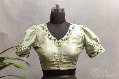 Pastel green raw silk floral embroidered readymade blouse