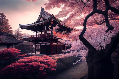 A japanese temple in a pink landscape | Premium AI-generated image