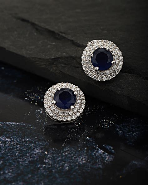 Carlton London Rhodium Plated Navy Blue Stone Circular Stud Earring Fo ...