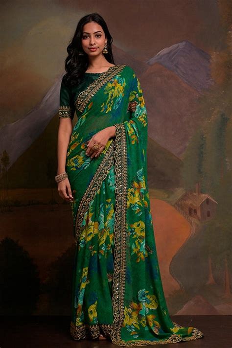 Designer Green Georgette Saree with Embroidery Work - shubhkalastore.com