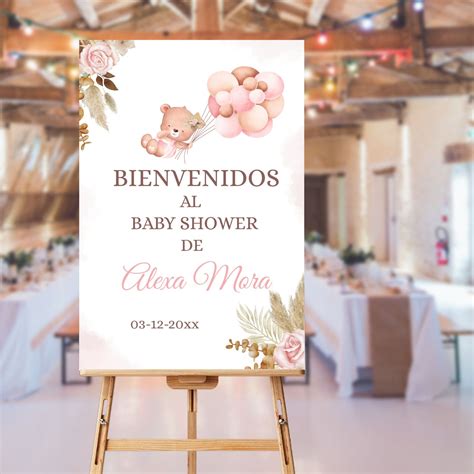Editable Spanish Pink Teddy Bear Boho Baby Shower Welcome Sign ...