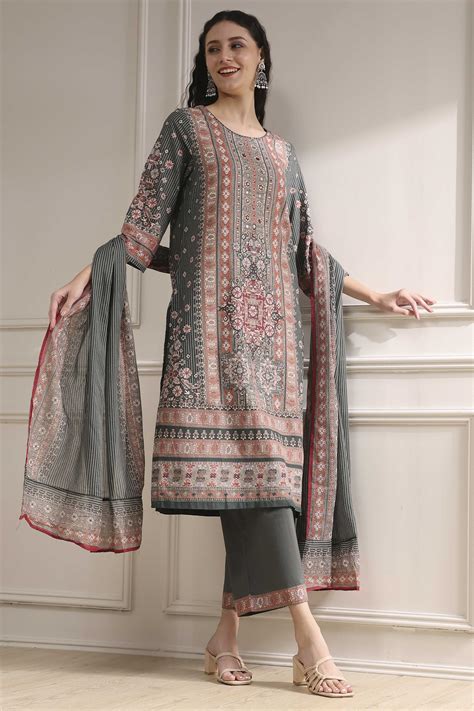 Buy Grey Cotton Printed Straight Suit Set Online at Biba India