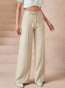 CLARA VERO Elegant Tassel-Tie High-Waisted Linen-Style Wide-Leg Pants ...