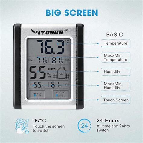 Thermometer Hygrometer, Indoor Outdoor Round Touch Screen Hygrometer ...