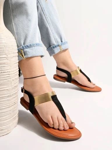 Buy Shoetopia Stylish Ethnic Black Flat Sandals For Women & Girls ...