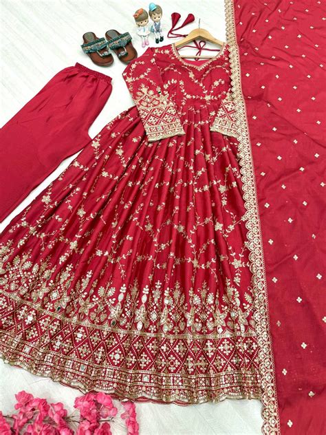 Red Chinon Silk Sequence Embroidery Work Gown – SurtiSilk