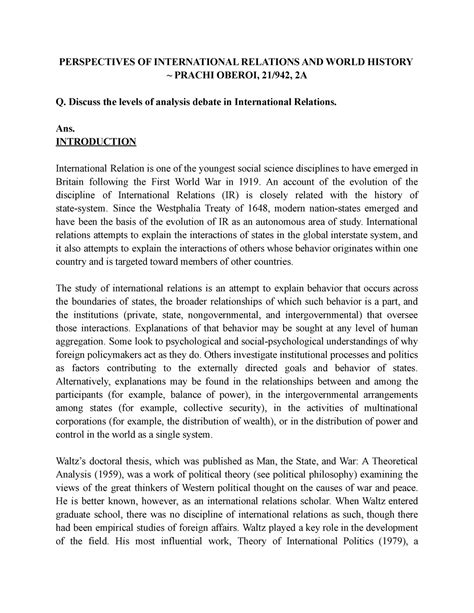 Assignment - IR -1 - PERSPECTIVES OF INTERNATIONAL RELATIONS AND WORLD ...