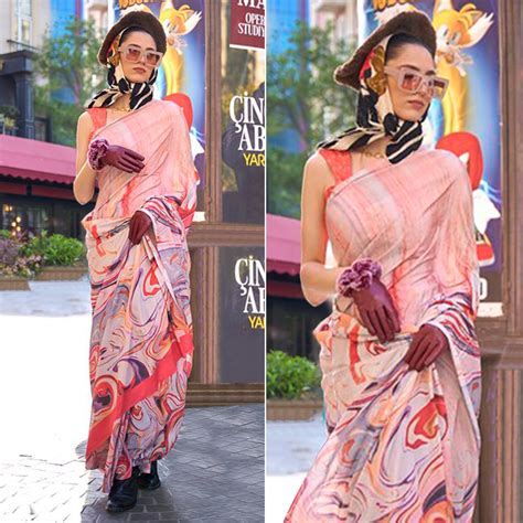 Peach Digital Printed Crepe Saree