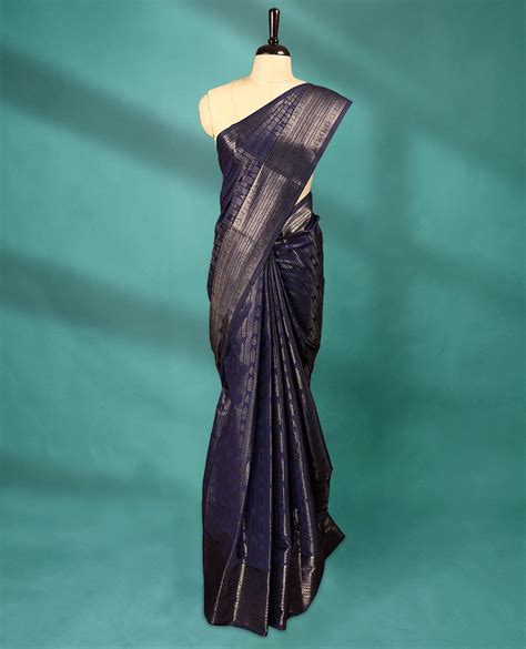 Navy Blue Art Soft Silk Saree showcases intricate silver zari work on