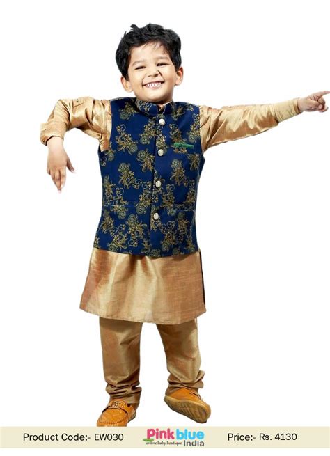Boys Velvet Nehru Jacket Ethnic Wear Wedding Golden Kurta Pajama Set