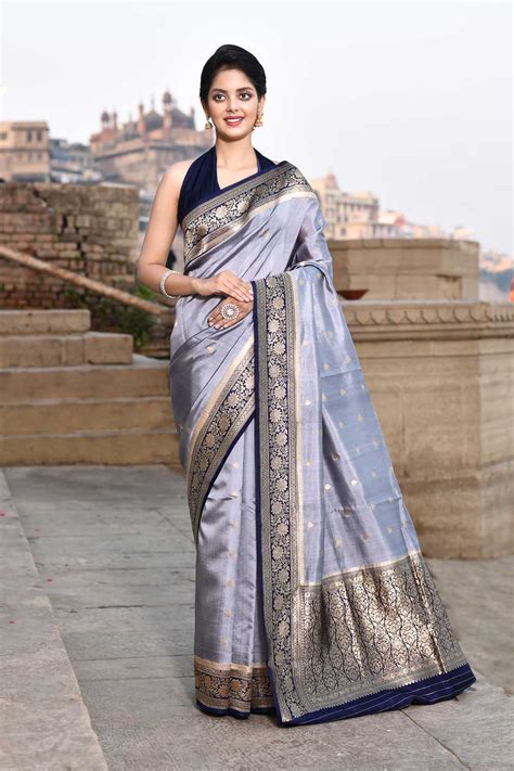 Grey- Navy Blue Pure Katan Silk Banarasi Handloom Saree – Rasm By Muskaan
