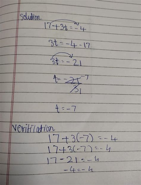 simplify and verify your answer 17 +3t =-4 - Brainly.in