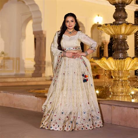 Buy CHAND TARA Off-White & Gold Sequin Embroidered Lehenga Set | Meera ...