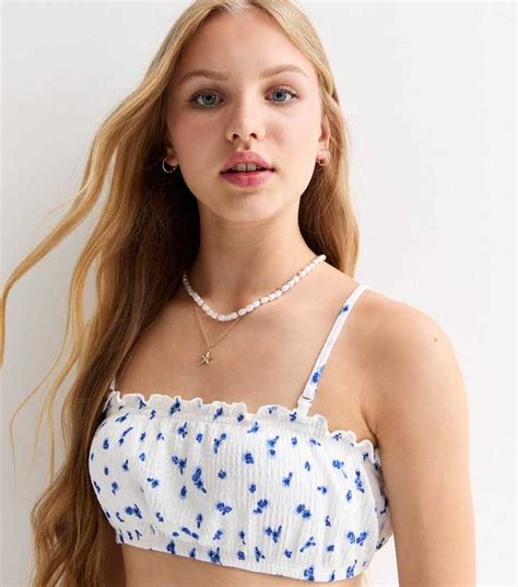 Girls White Ditsy-Floral Bandeau Beach Top | New Look