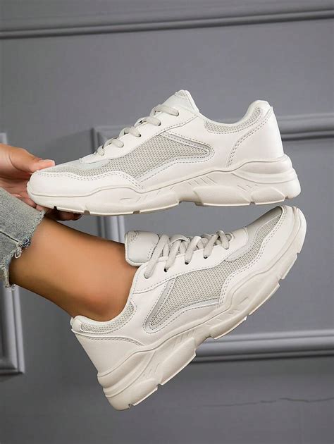 Women's Beige Mesh + PU Breathable Low-Top Lace-Up Casual Platform ...