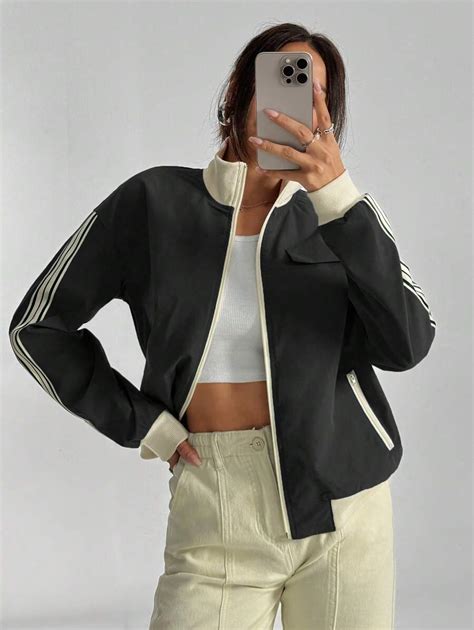 Flirla Color-Blocking Trim Pocket Zipper Front Casual Long Sleeve ...